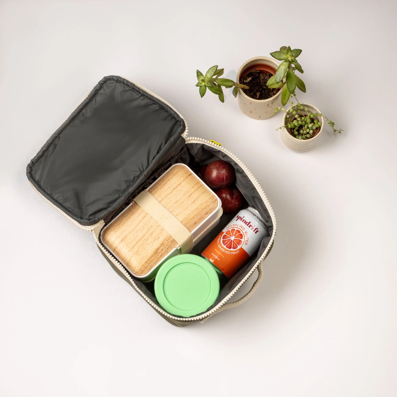 Organic Cotton Square Lunch Bag shown open, in Dark Olive from top