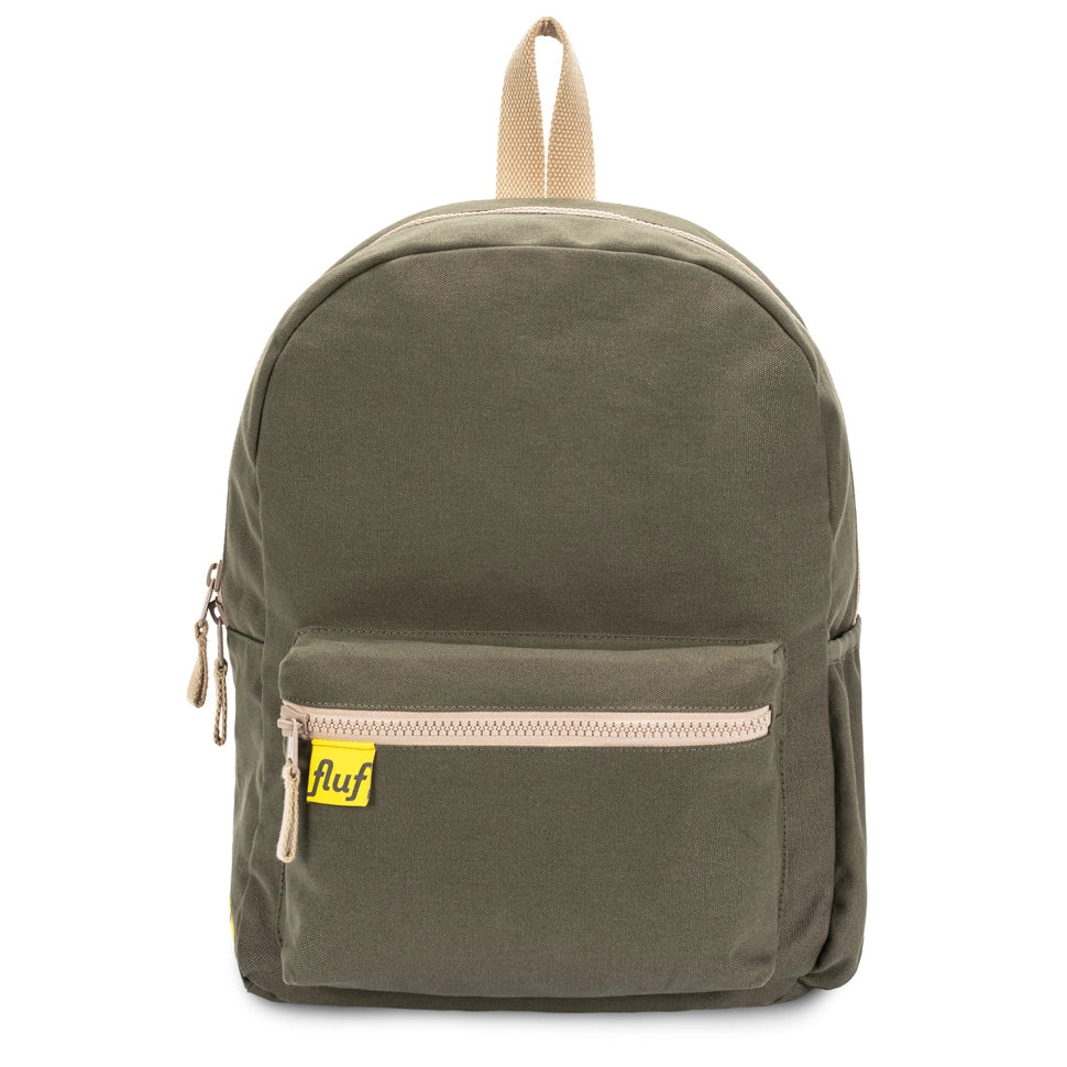 Fluf Organic B Pack Backpack shown in Dark Olive from front CU white background