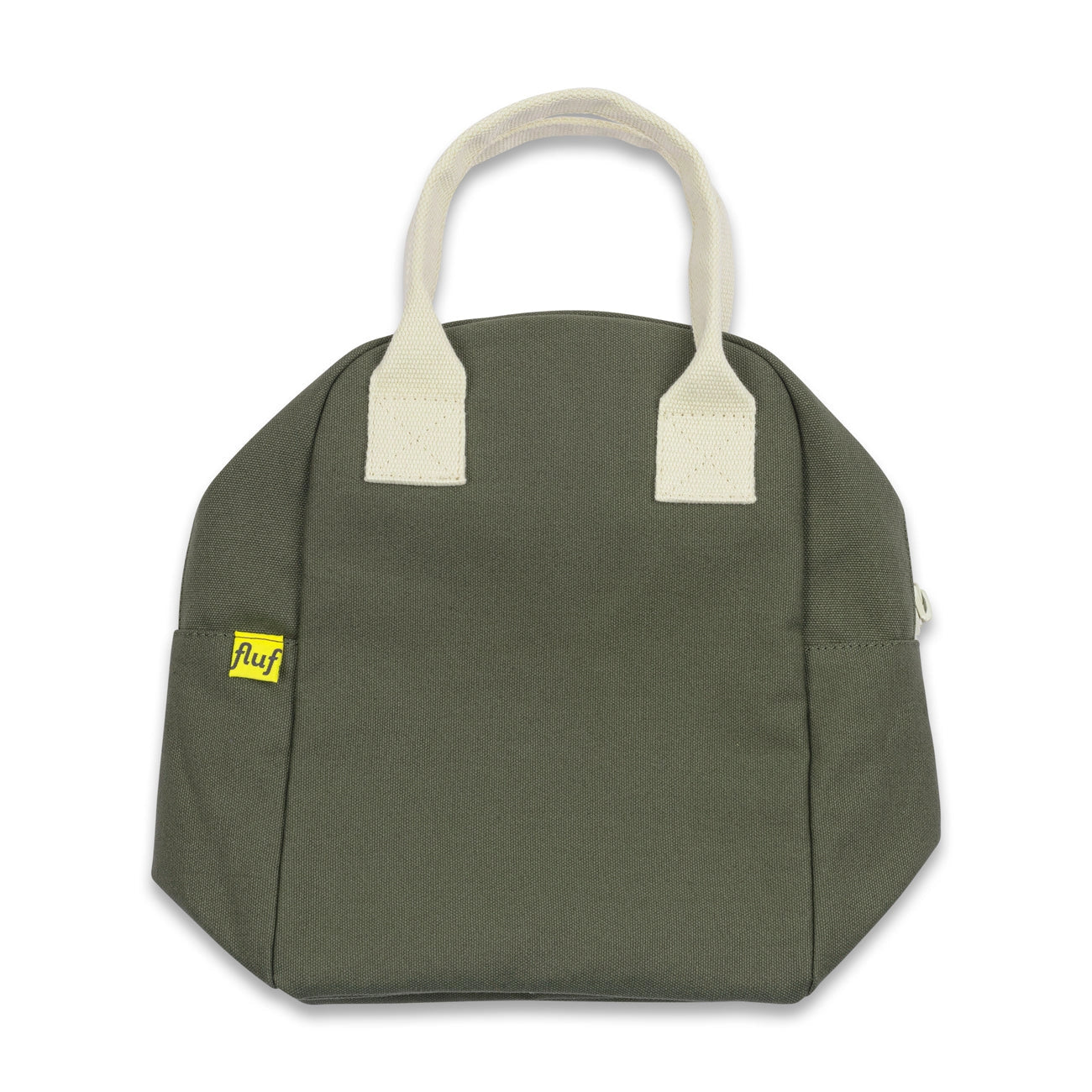 Organic Cotton Zipper Lunch Bag shown in Dark Olive from front folded flat