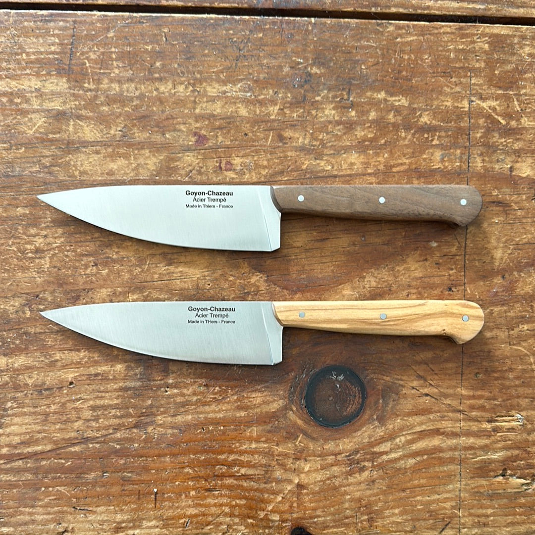 Goyon-Chazeau French Chefs Knife shown in both walnut and olive wood