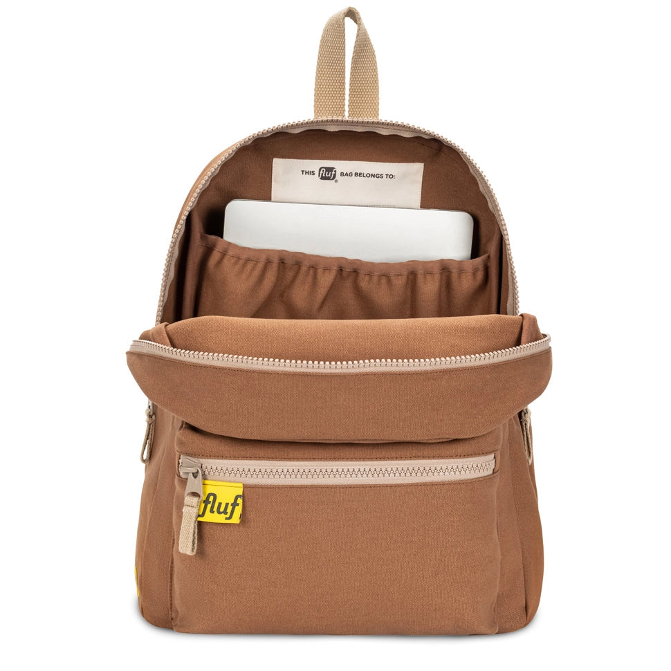 Fluf Organic B Pack Backpack shown in Nutmeg from front with top zipped open