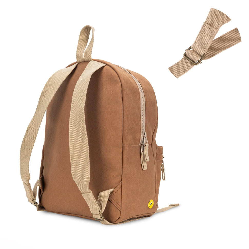 Fluf Organic B Pack Backpack shown in Nutmeg from back with strap details