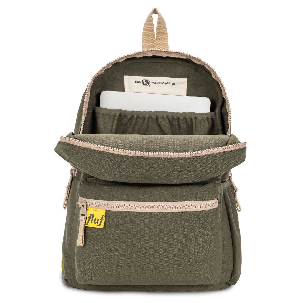 Fluf Organic B Pack Backpack shown in Dark Olive from front with top zipped open