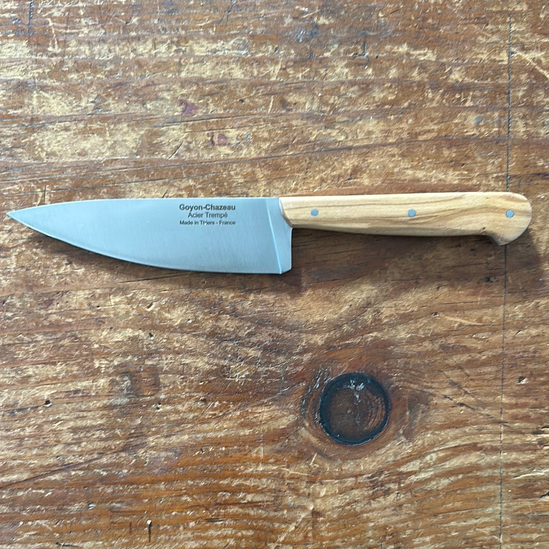 Goyon-Chazeau French Chefs Knife shown in olive wood