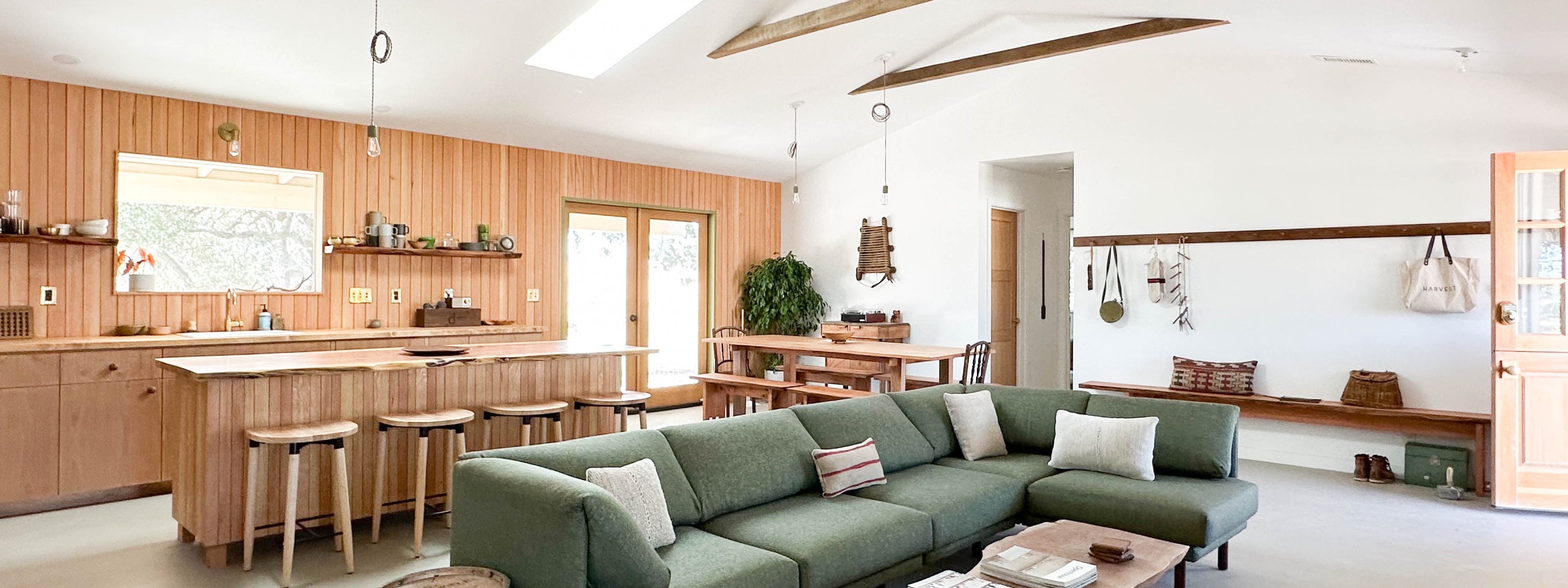 Wide view of living room and kitchen at Campover Ranch in Paso Robles, California