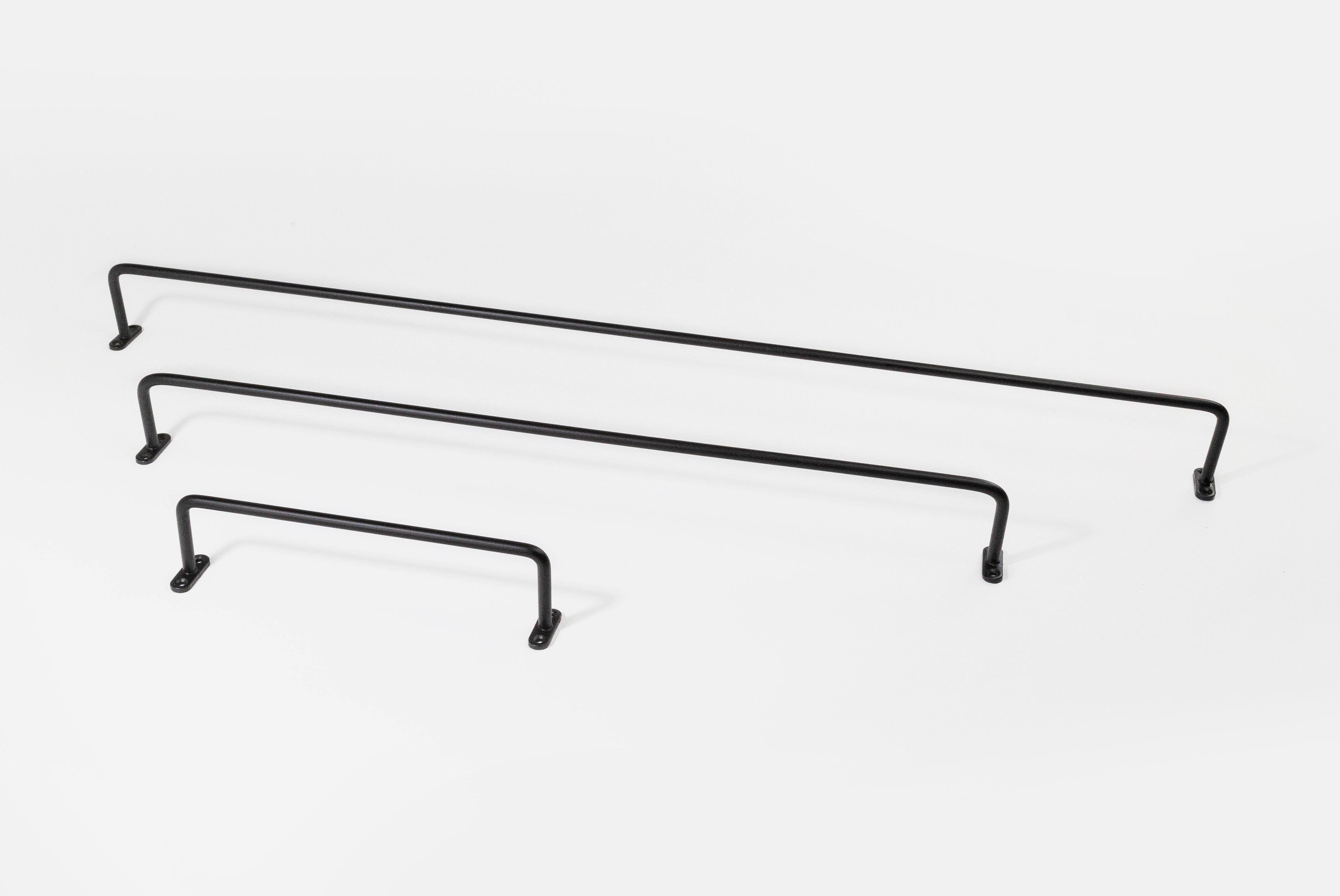 Fog Linen Iron Towel Bar shown unmounted in three sizes on white background
