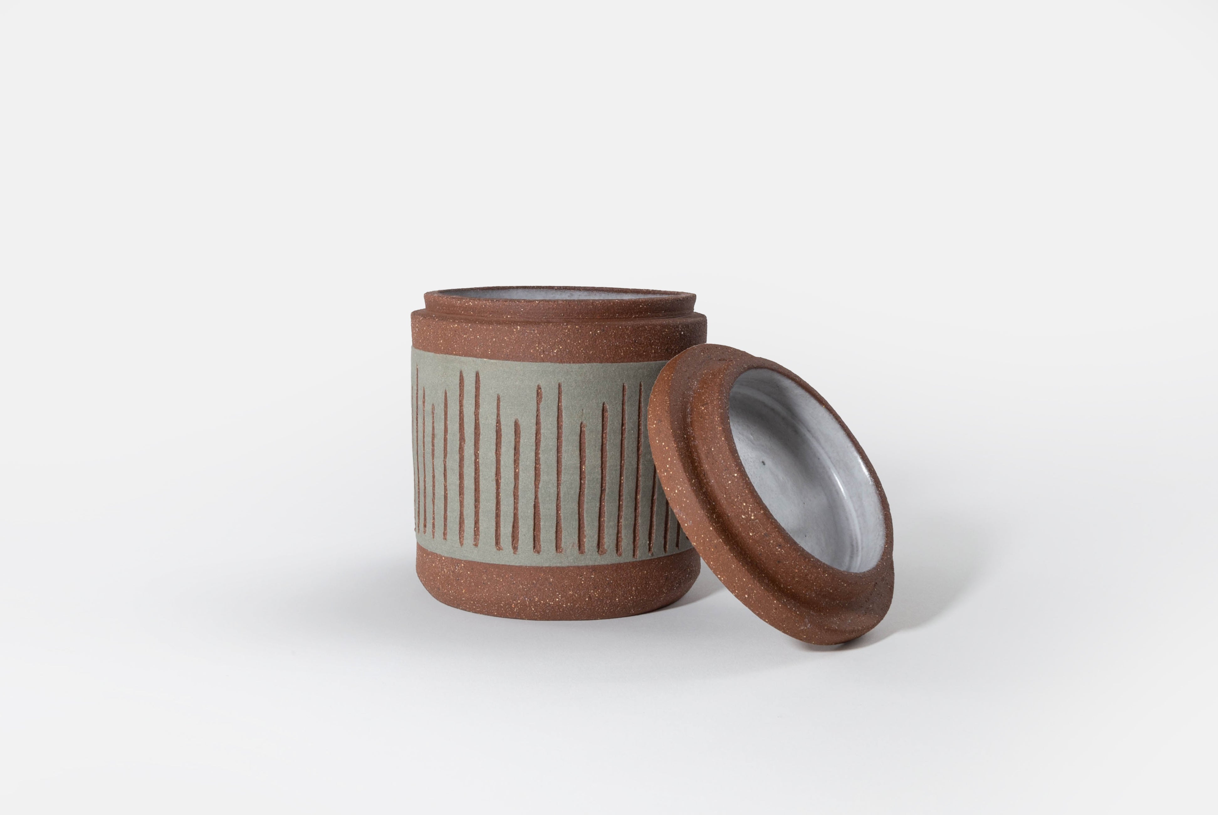 Ceramic Jar with Lid by Fred James Pottery shown with lid off, on white background