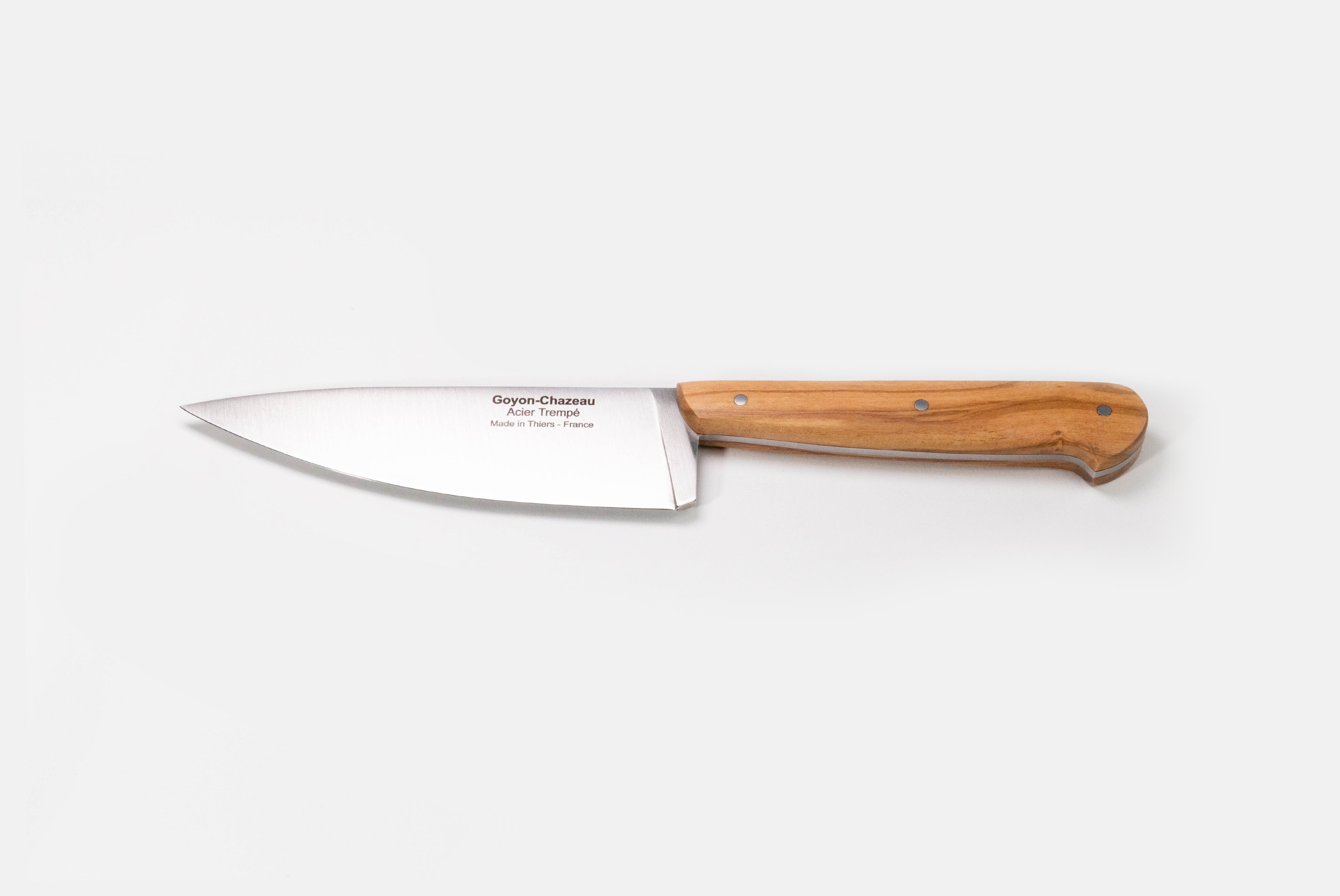 Goyon-Chazeau French Chefs Knife shown in olive wood handle