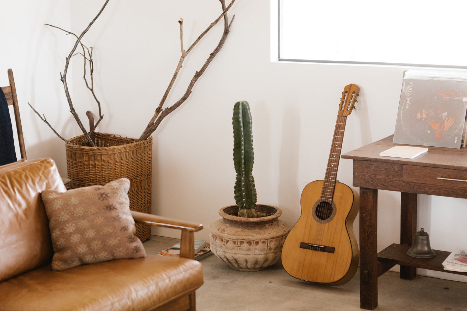 Cactus and music corner at Little Jo Cabin by Campover in Joshua Tree, California