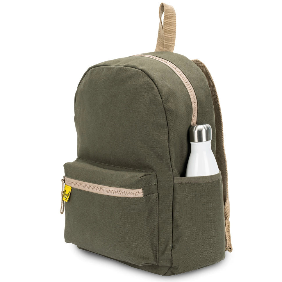Fluf Organic B Pack Backpack shown in Dark Olive from side angle with water bottle