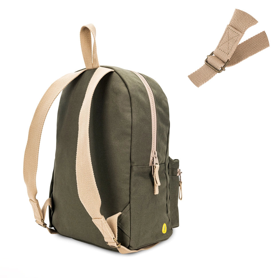 Fluf Organic B Pack Backpack shown in Dark Olive from back with strap details