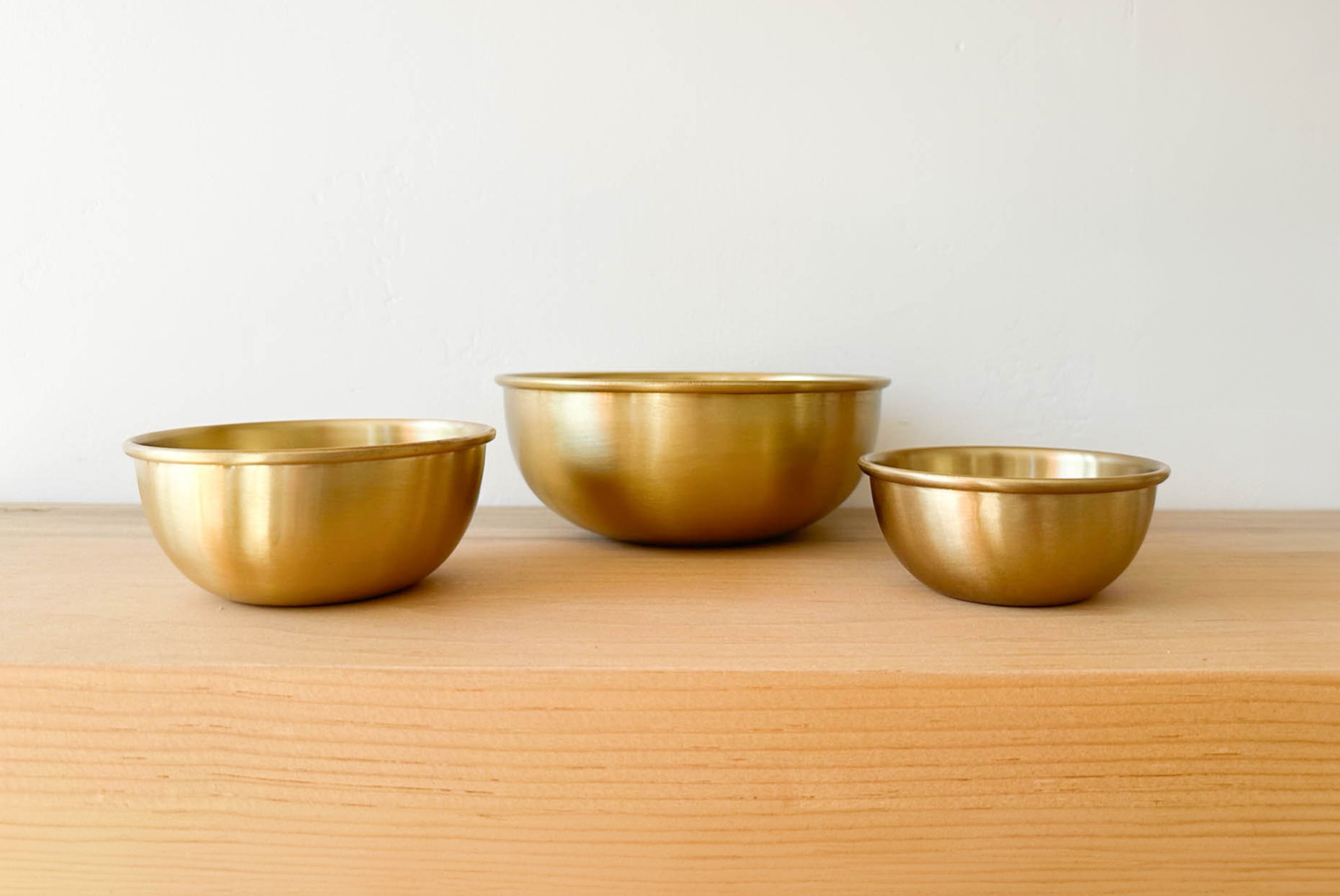 Fog Linen Brass Bowls on wood surface in three sizes