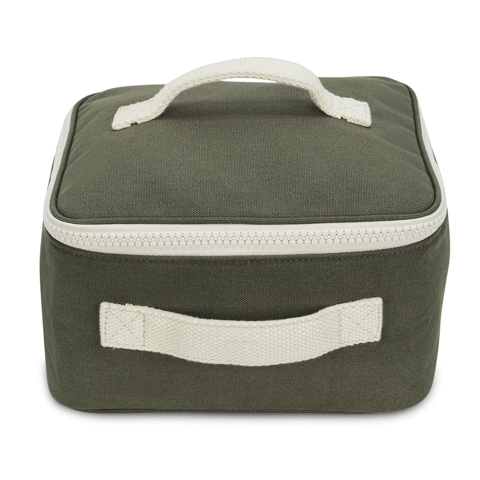 Organic Cotton Square Lunch Bag shown in Dark Olive from front angle close up