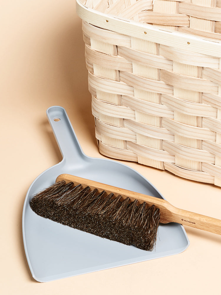 Iris Hantverk Dustpan & Brush Set shown with woven basket