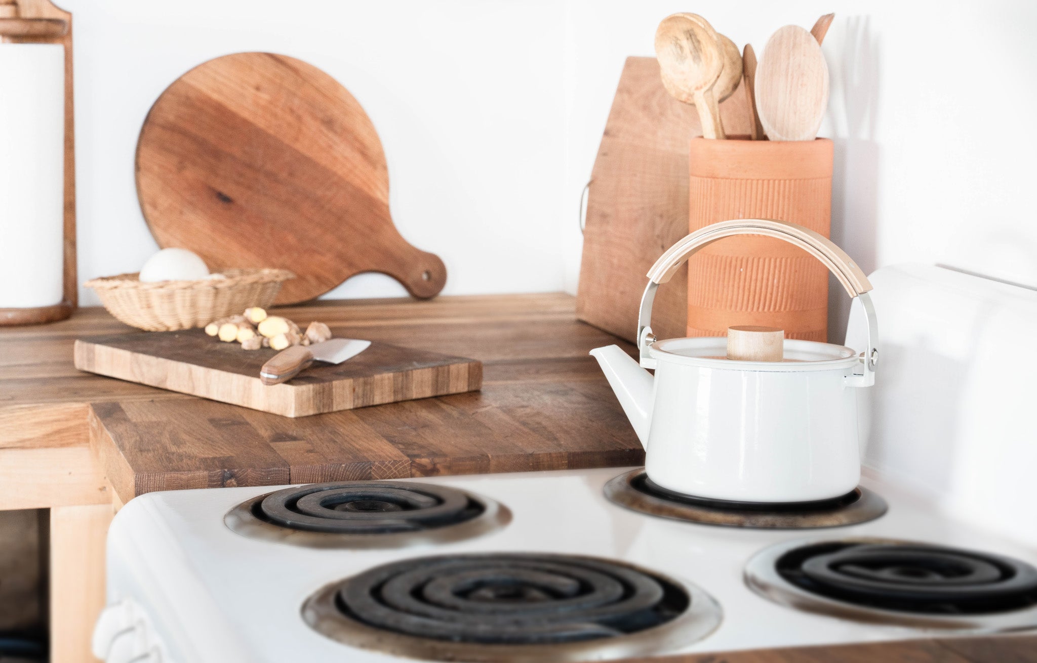Japanese Tea Kettle with Maple Handle on stove in kitchen | lifestyle