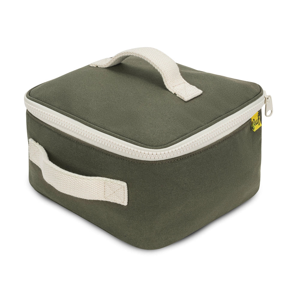 Organic Cotton Square Lunch Bag shown in Dark Olive from front angle