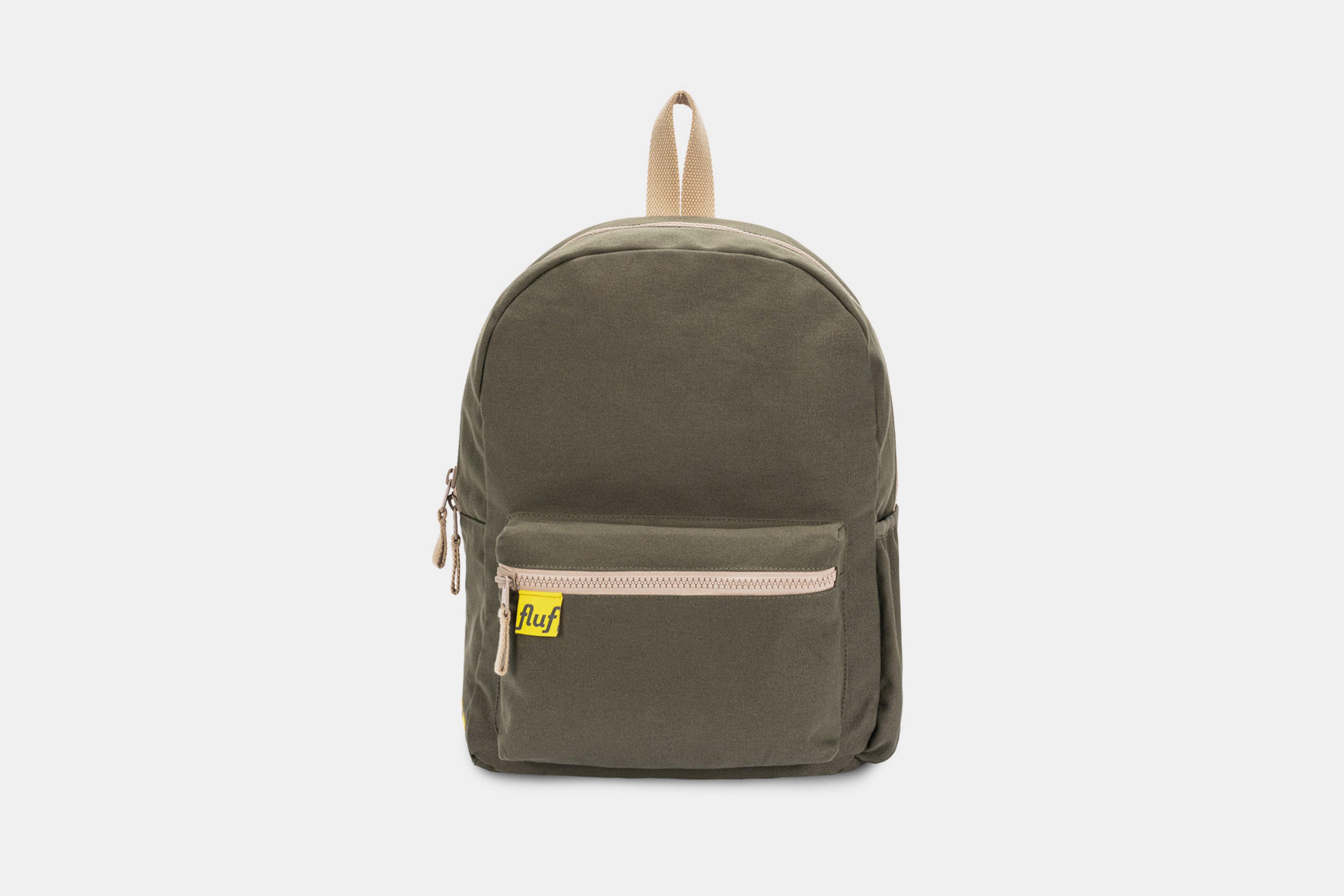 Fluf Organic B Pack Backpack shown in Dark Olive from front