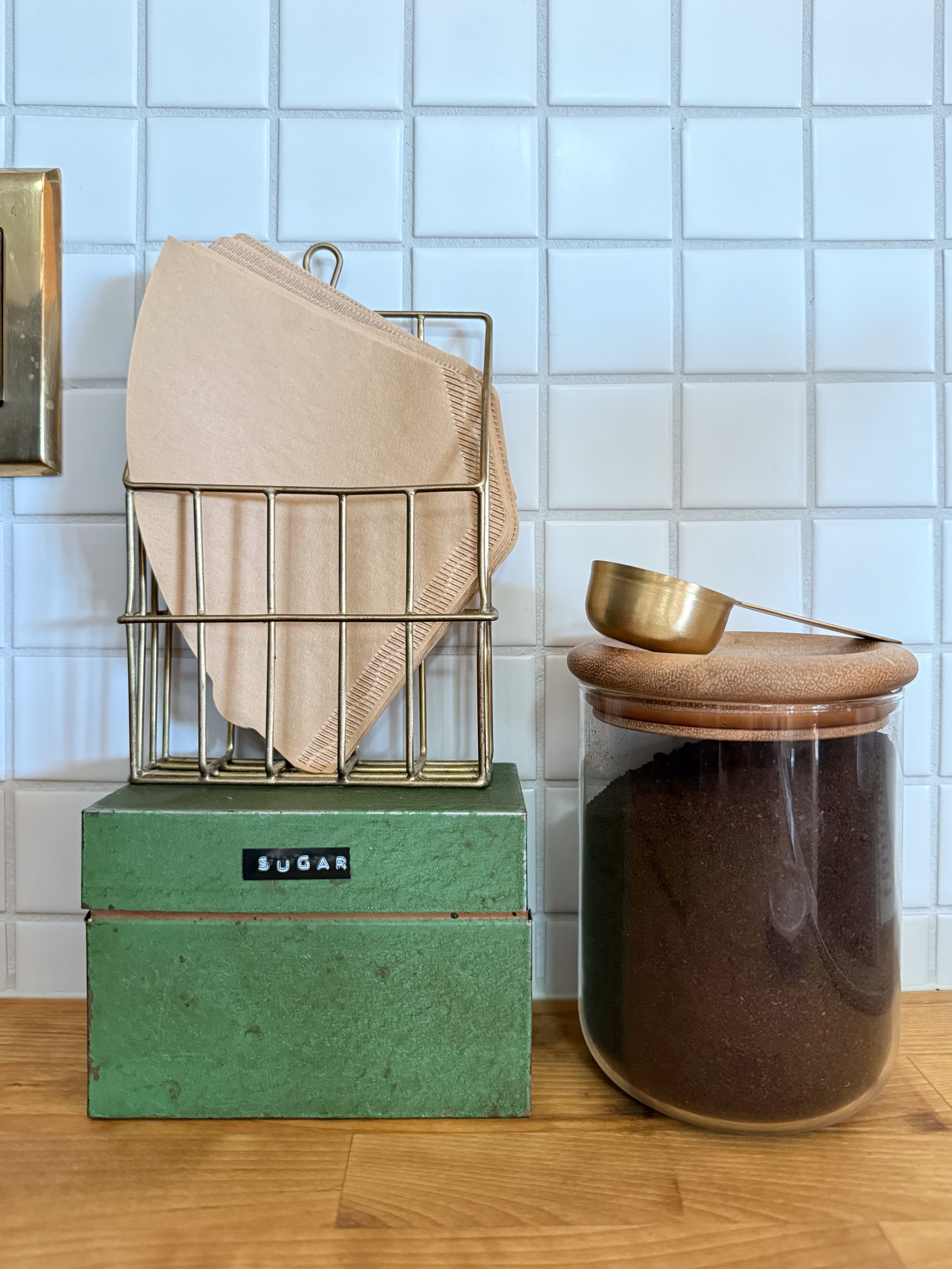 Brass Coffee Filter Holder by Fog Linen, shown in kitchen at Campover Ranch in Paso Robles, California