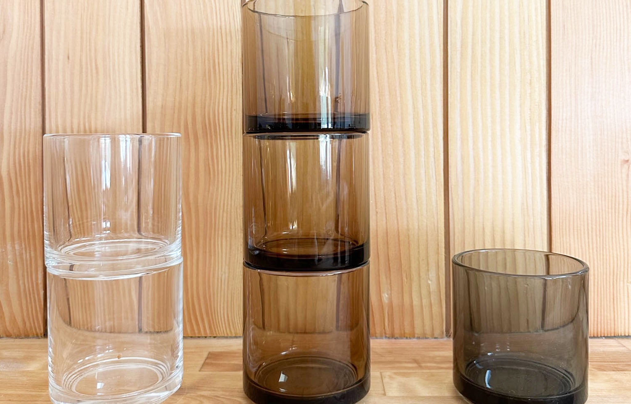 Hasami Glass Tumblers shown stacked in all colors | lifestyle