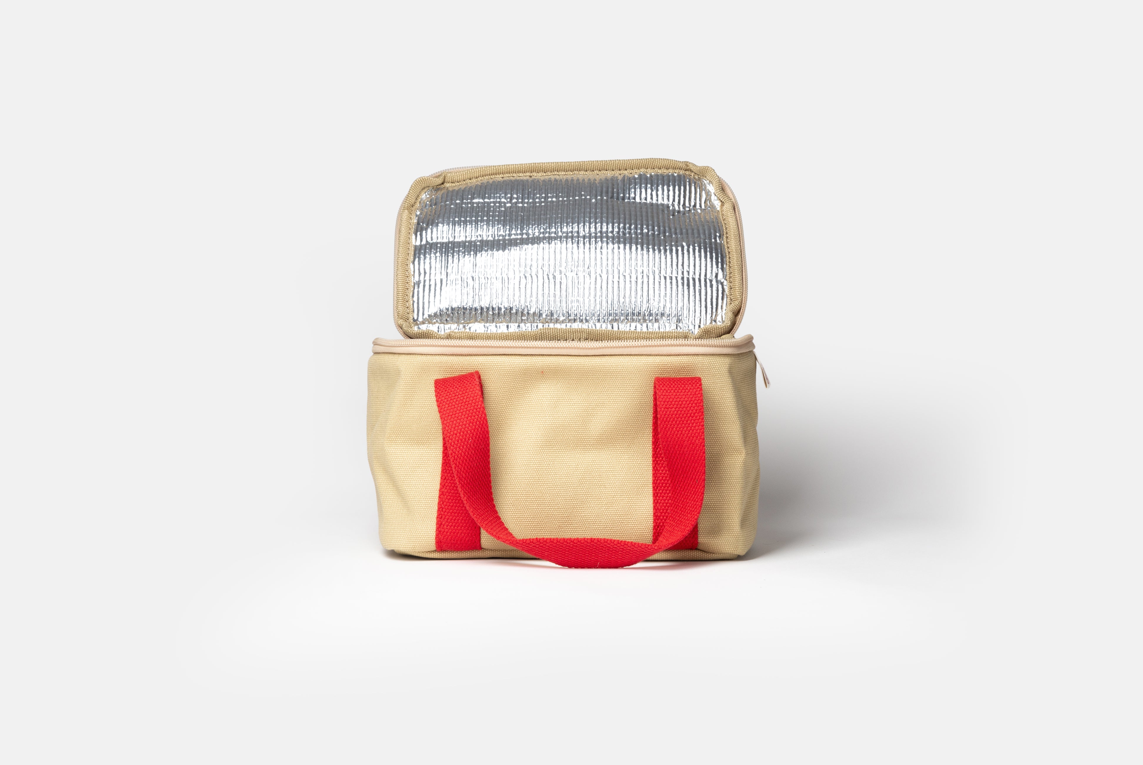 Niwaki Insulated Lunch Bag with red handles, shown open from front on white background