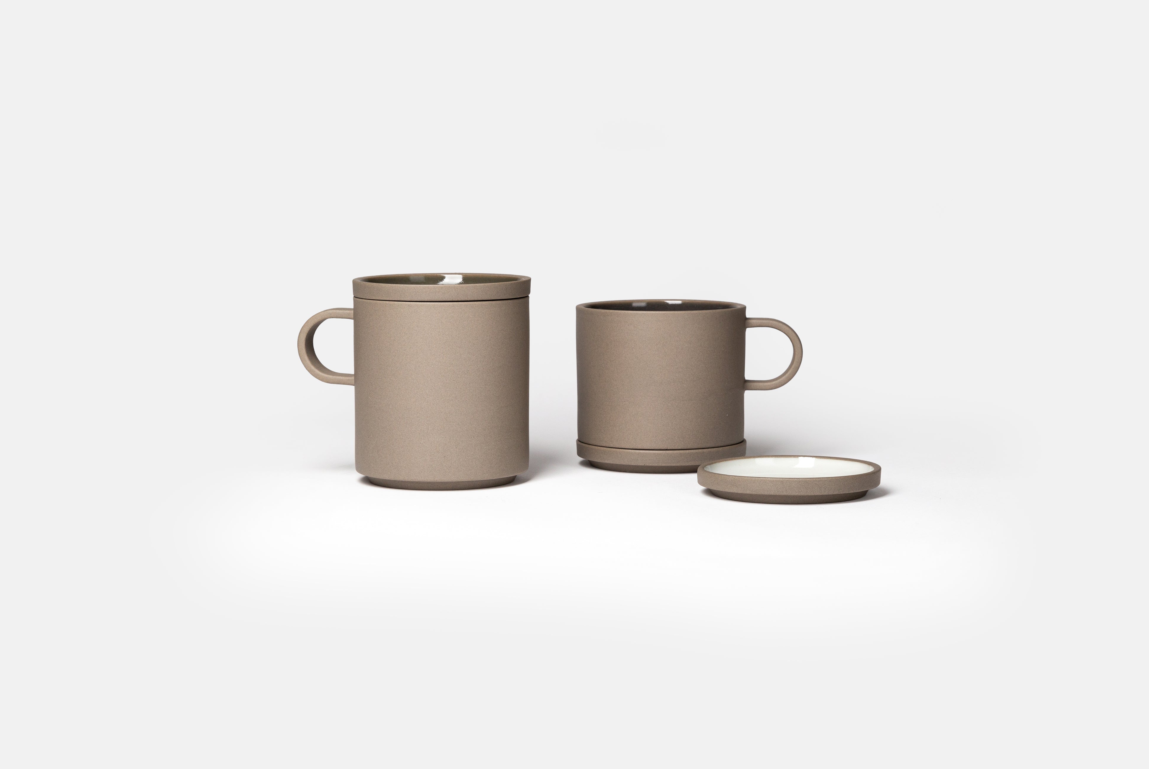 Hasami Small Plate from the new Grey Collection, shown in White Ash and Dark Grey with medium and small mug, on white background