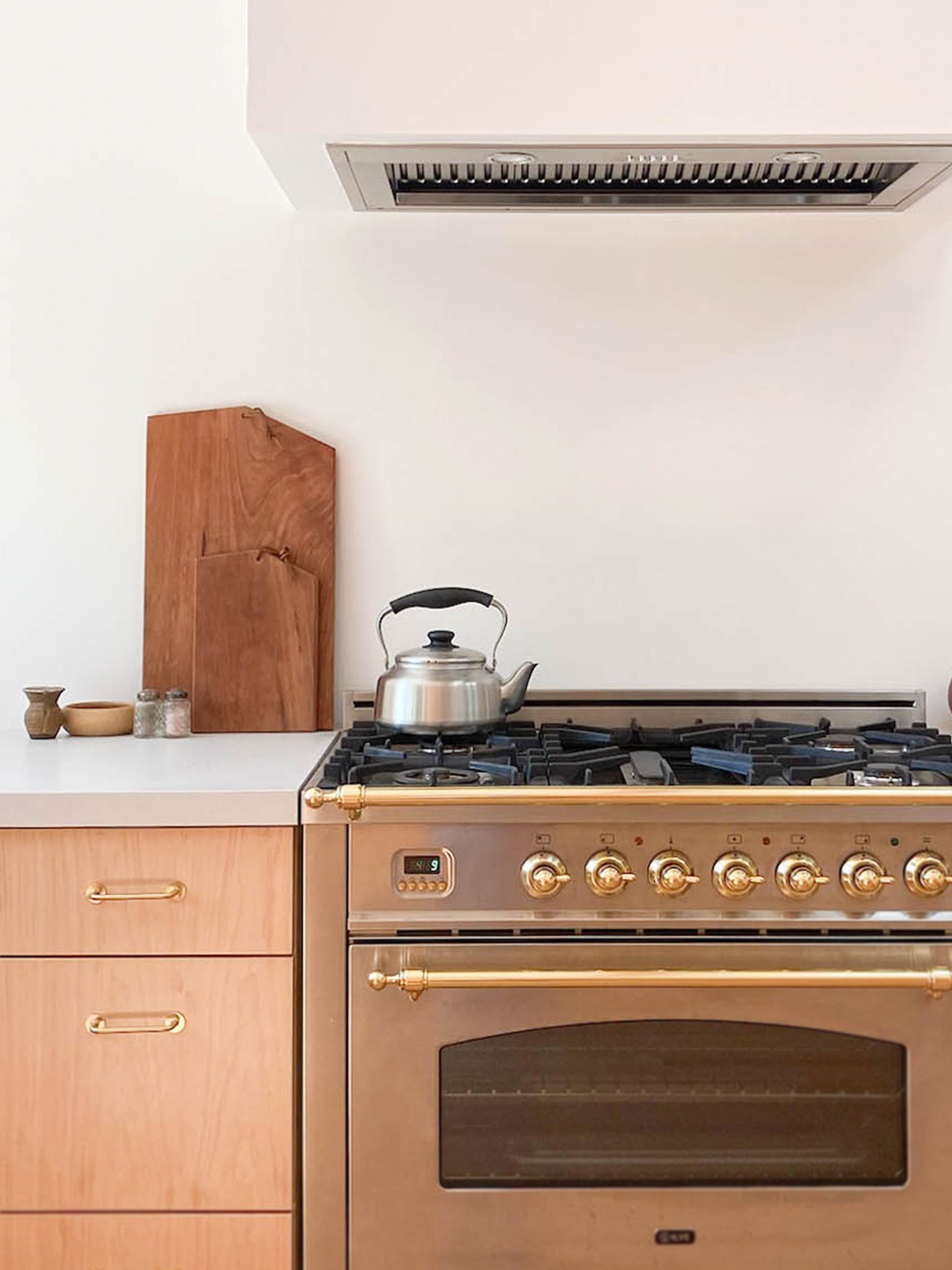Stainless Kettle on stove with cabinets and range hood | lifestyle